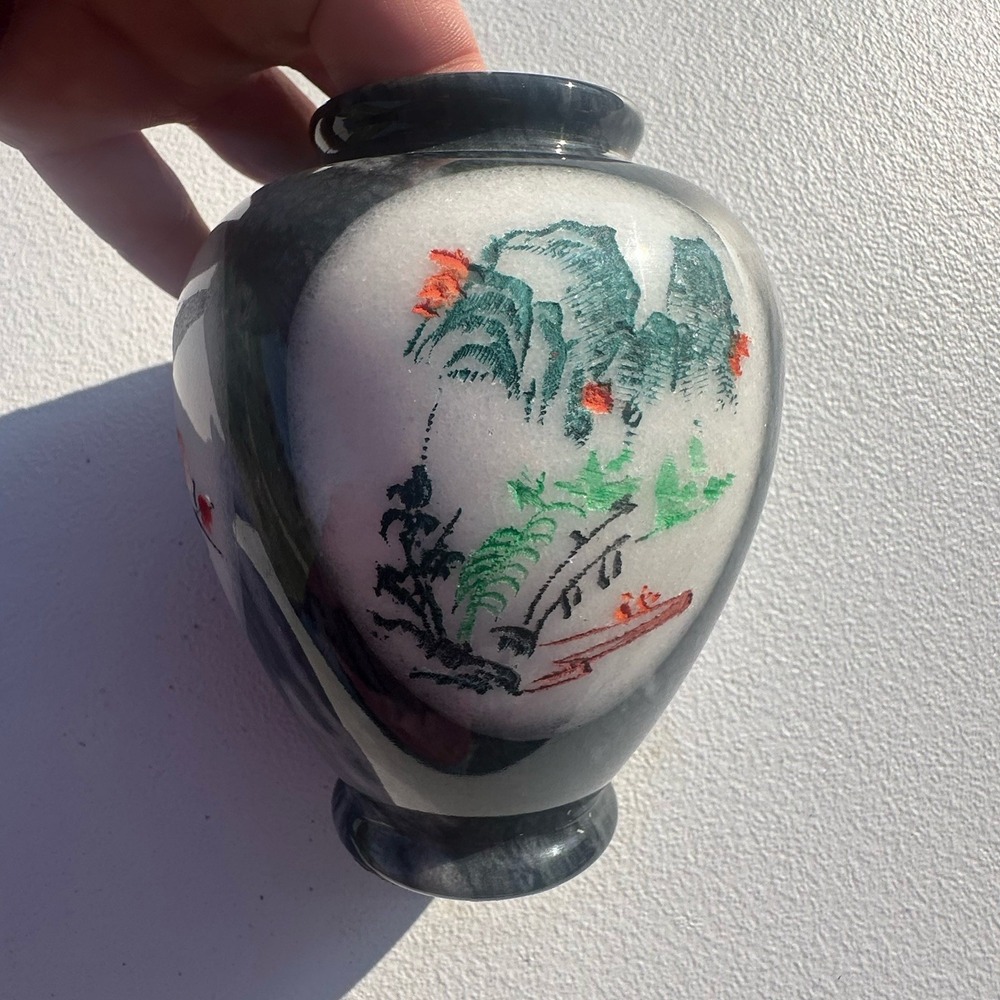 Vintage Chinese Marble Stone Carved Painted Landscape Crane Artwork Flowers Vase